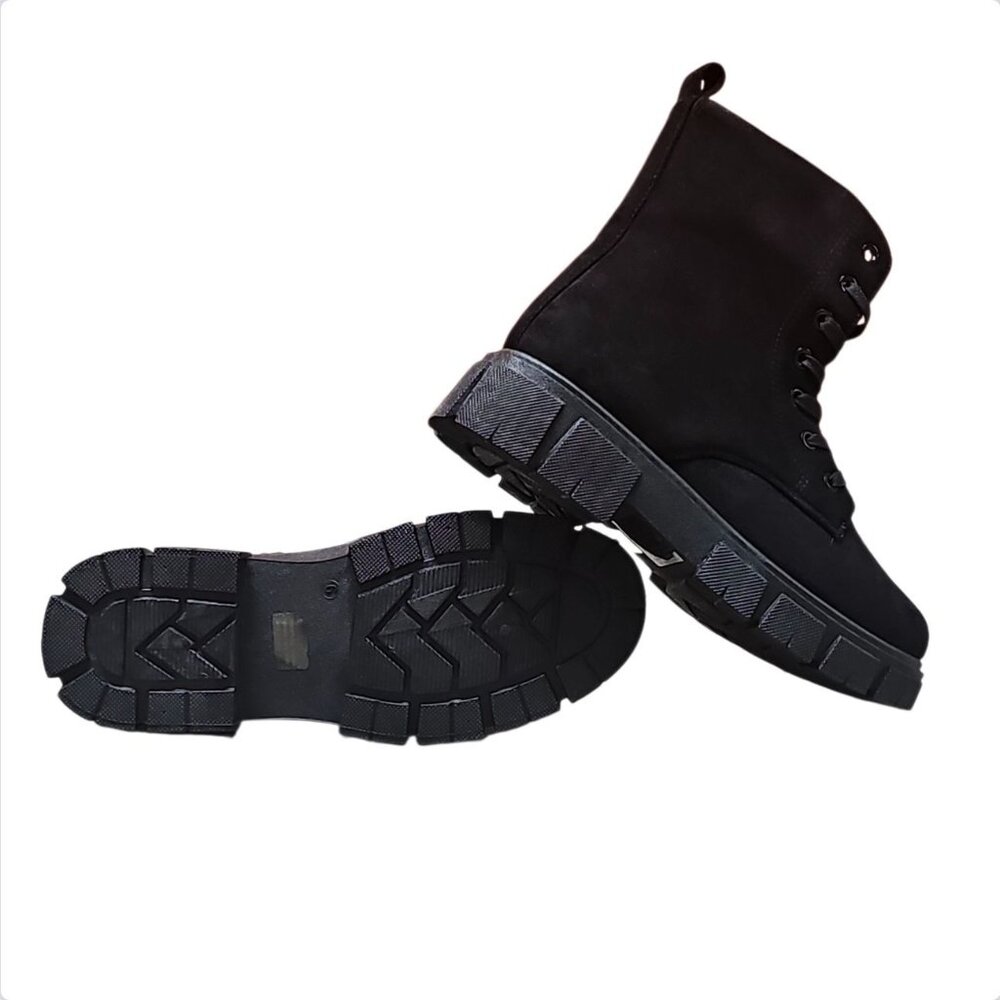 Black Chunky Platform Lace-Up Ankle Boots With Side Zipper Faux Suede Material W - Picture 2 of 7